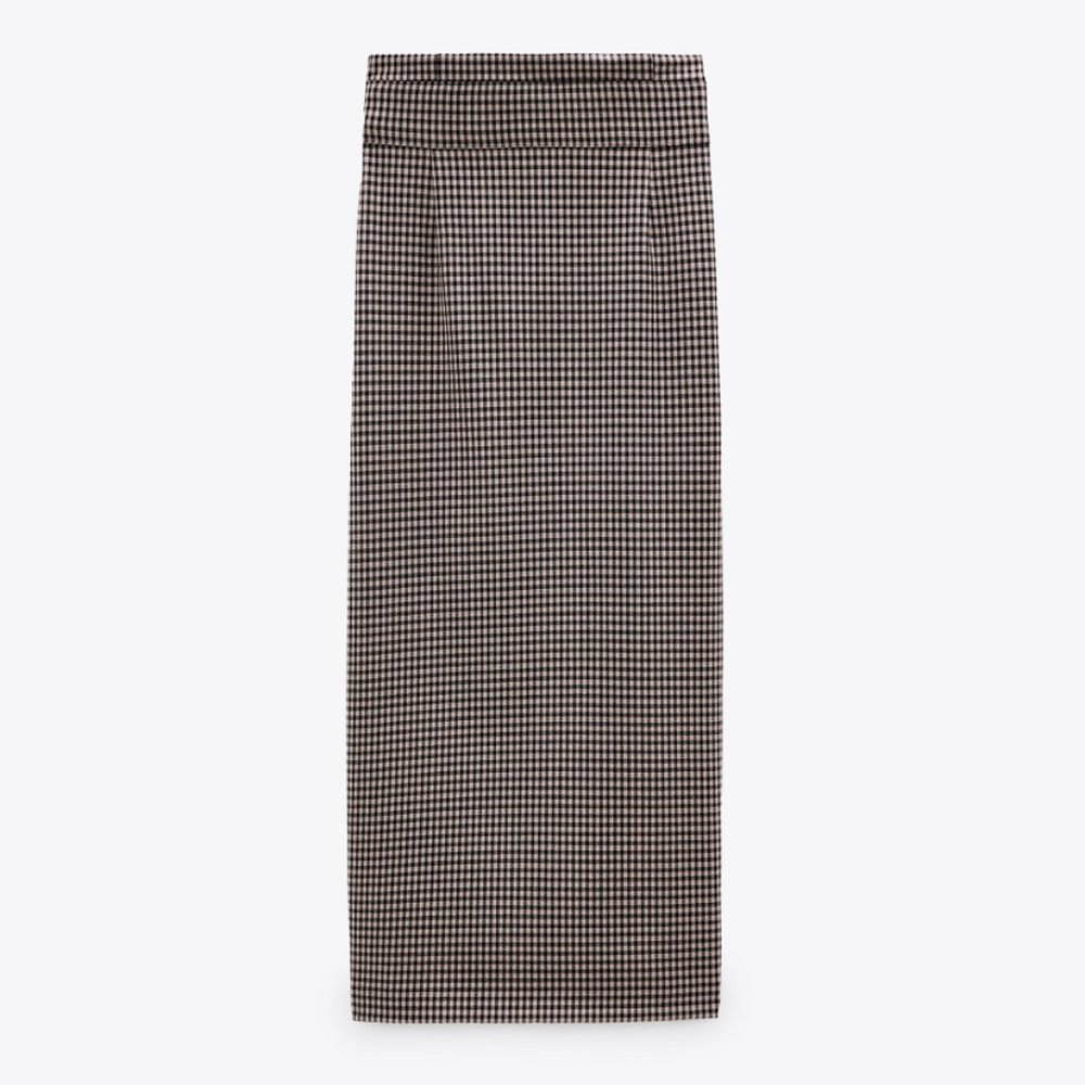 ZARA GINGHAM PLAID STRETCH EXPOSED ZIPPER PENCIL MIDI MAXI SKIRT_10